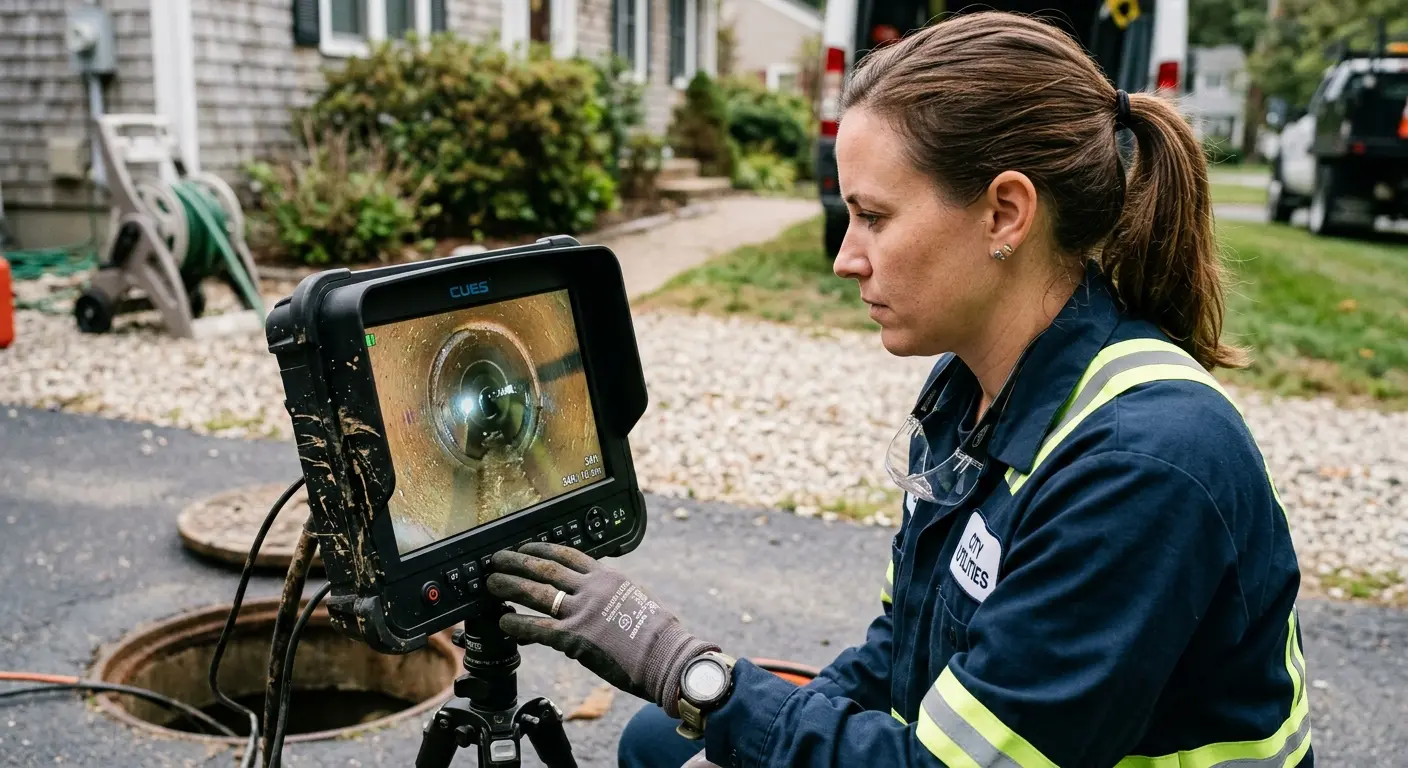 Technician reviewing sewer camera inspection footage in Santee
