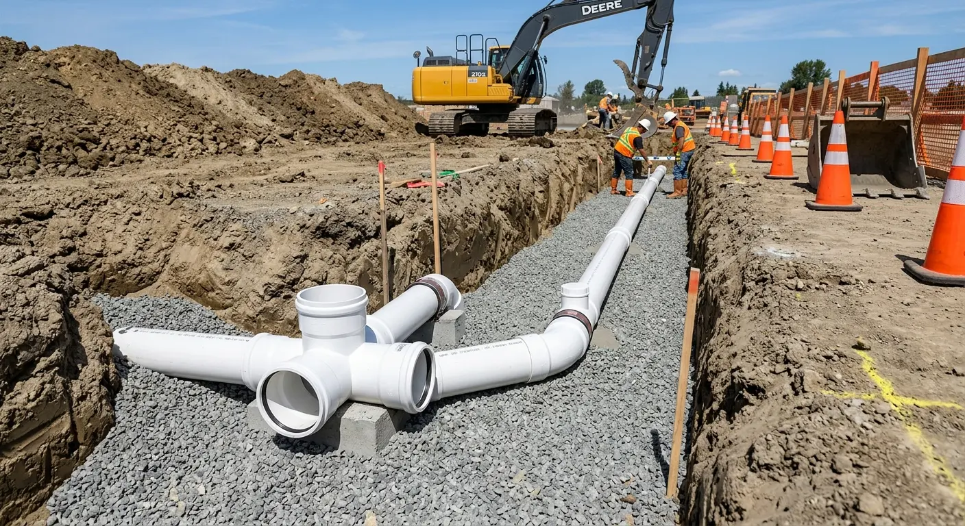 New PVC sewer pipe installation in open trench for Sewer Backup in Santee