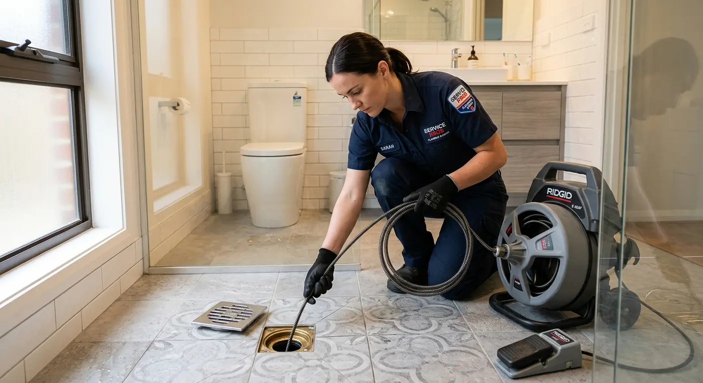 Technician clearing a bathroom floor drain for Drain Cleaning in Santee